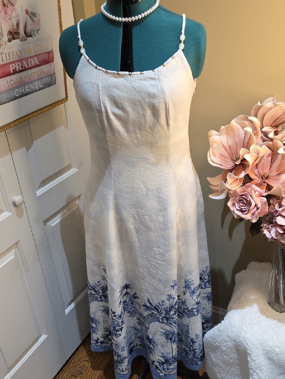 Nwt 8 & 6 & 4 Rachel Zoe White Linen Maxi Dress with Blue Scenic Hem - Picture 9 of 16